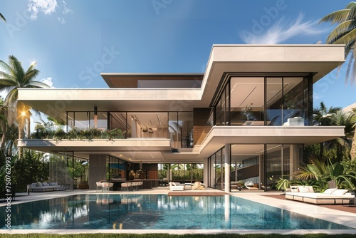 exterior perspective view af a very modern villa in marbella  two floors  large glass vindows  exterior garden pool  very high details  high resolution  turquoise sky  3D model