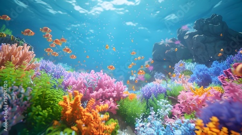 Vibrant 3D Underwater Ocean Scene with Coral and Flowers © vanilnilnilla