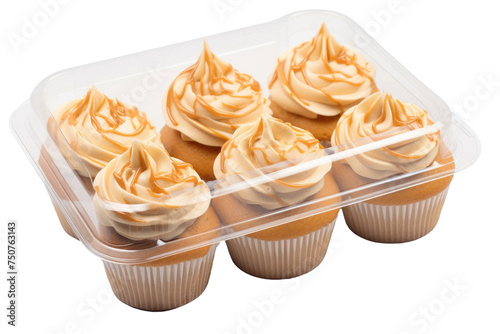 Plastic Container Filled With Cupcakes Covered in Frosting. A plastic container is filled with colorful cupcakes topped with generous swirls of frosting, creating a sweet and inviting display.