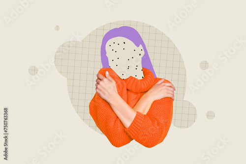 Composite 3d photo artwork graphics collage of unhappy young girl without face hug warm knitted sweater cozy comfortable isolated on painted background