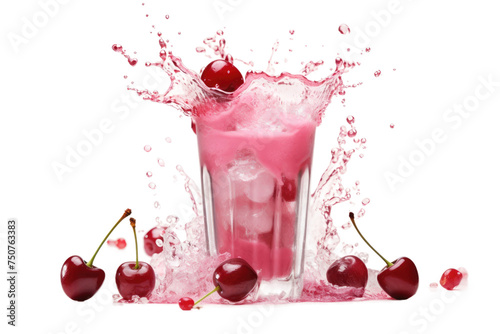 Pink Drink With Cherries Splashing Out. A pink drink in a glass with cherries splashing out, creating a dynamic and vibrant scene. Isolated on a Transparent Background PNG.