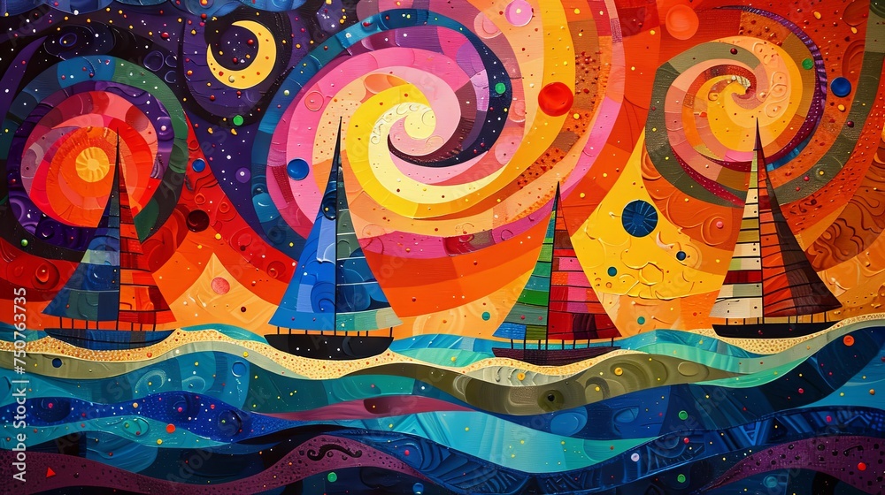 Fototapeta premium Brightly colored artwork, people sailing on a sailboat through the sea.