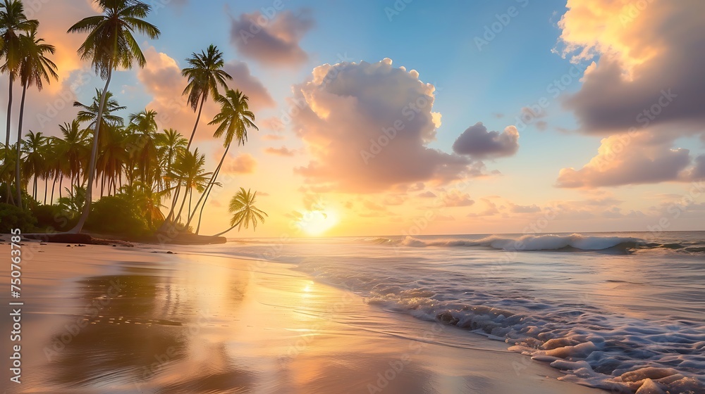 Tropical Beach Sunset. Generative AI.