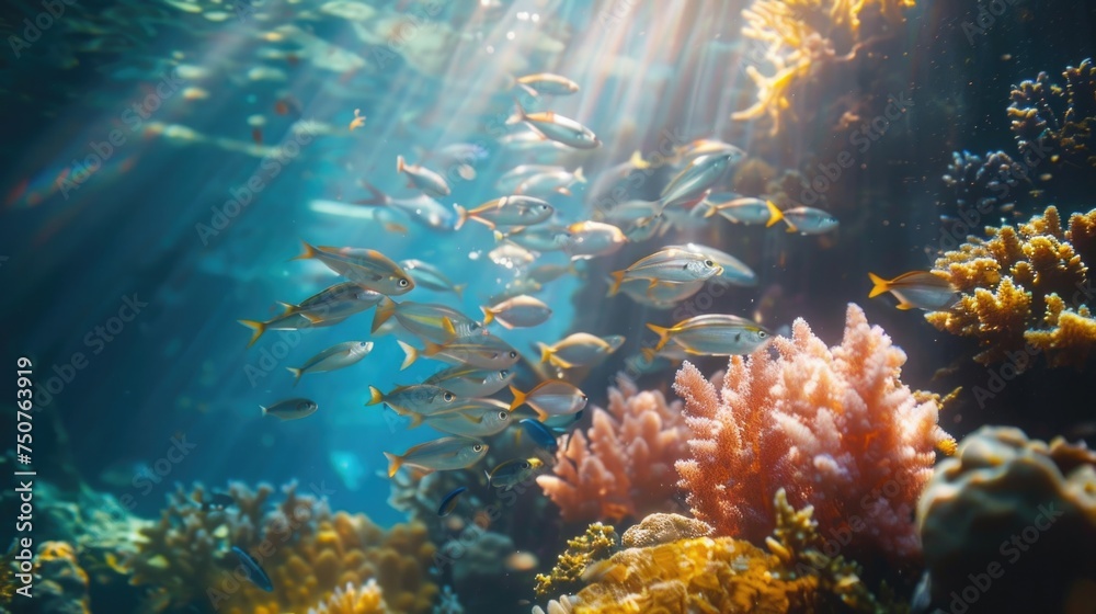 A serene underwater scene showcasing a school of mullet fish gracefully swimming near a coral reef. - obrazy, fototapety, plakaty 