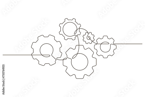 Single continuous line symbol of machine wheel gears vector illustration. Cogwheel one line contour drawing business teamwork concept. Design for poster, card, label, company 