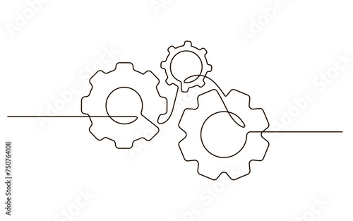 Single continuous line symbol of machine wheel gears vector illustration. Cogwheel one line contour drawing business teamwork concept. Design for poster, card, label, company 