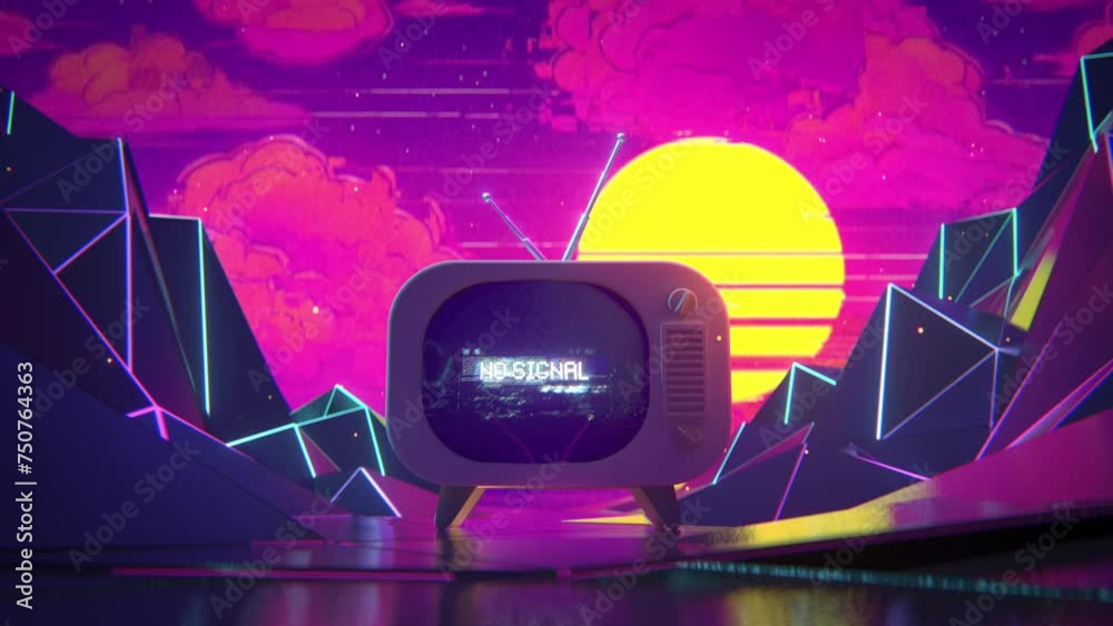 Old vintage TV with no signal in synthwave landscape. Seamless loop 3D render animation