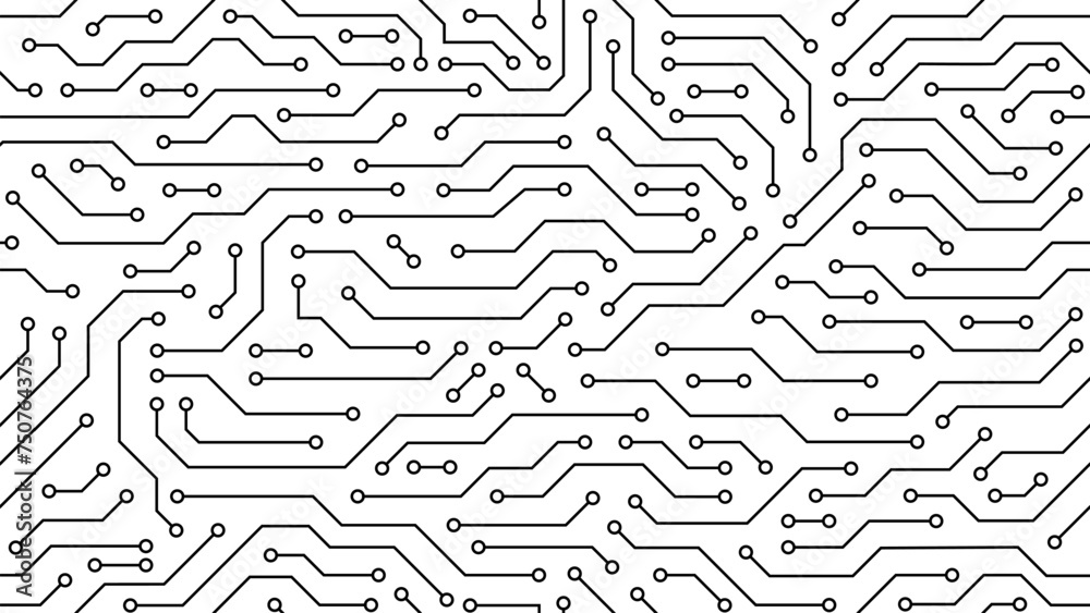 Computer motherboard seamless pattern, circuit board background. Vector intricate circuitry motif with soldered connections and electronic components, creating dynamic and interconnected tile design - obrazy, fototapety, plakaty 