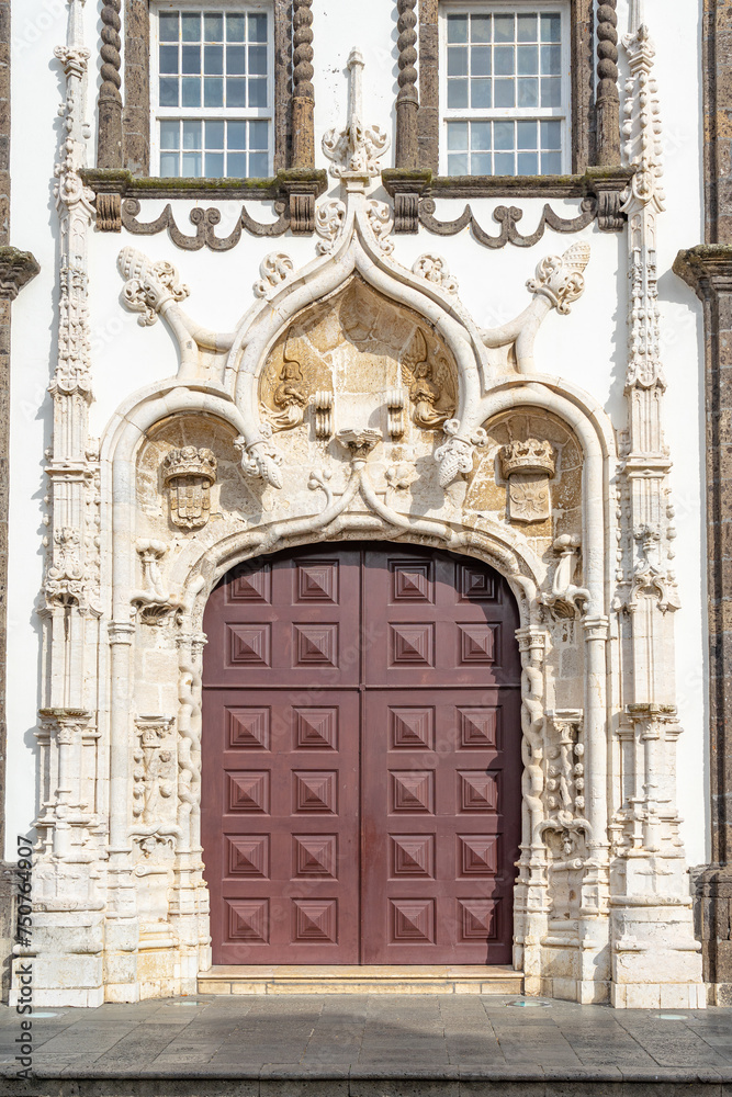 detail of door on the front facade of the main church of São Sebastião. Ponta Delgada