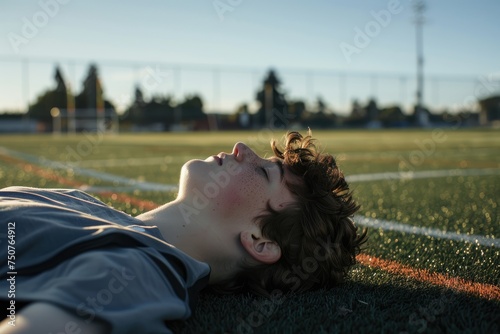 Thoughtful teenager resting on a sports field, with a contemplative expression, finding peace in the simplicity of the moment - AI generated