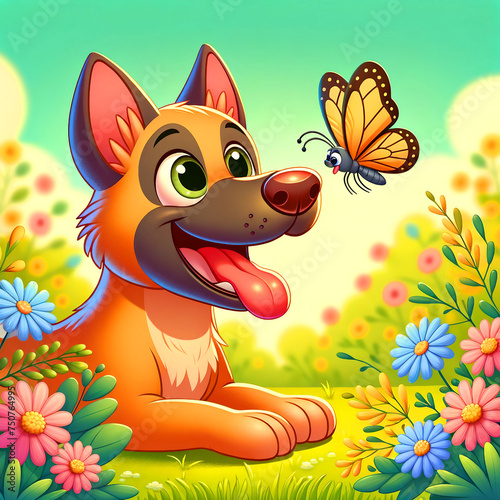 Cute and funny cartoon dog illustration , happy dog with flowers and butterfly  photo