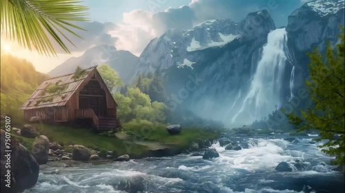 Wooden hut in the edge of river with waterfall in the mountains. Seamless looping time-lapse 4k video animation background photo