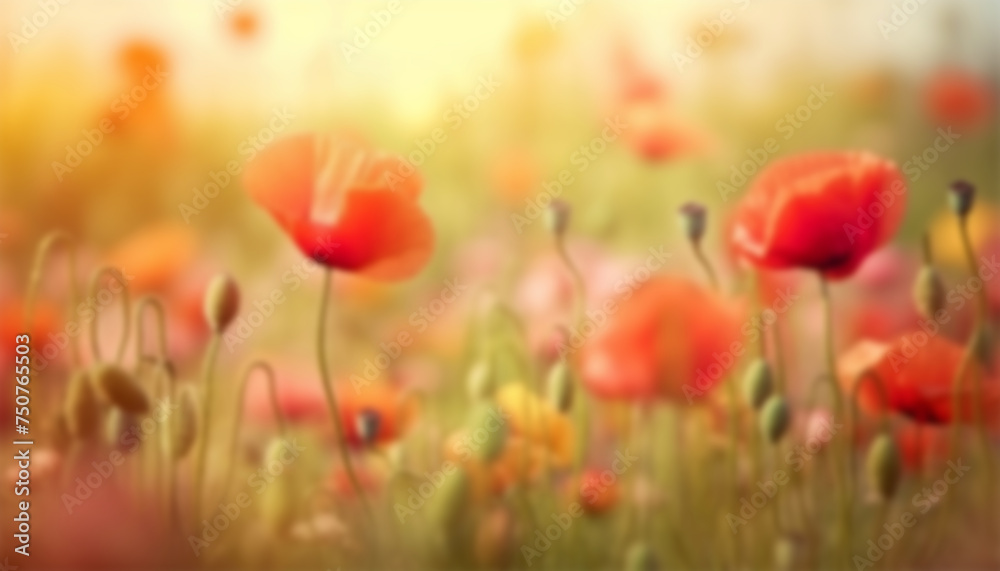 Fototapeta premium Poppy field at sunset in the spring. Red poppies in sunset light. Summer nature concept. Concept: nature, spring, biology, fauna, environment, ecosystem. Red beauty landscape