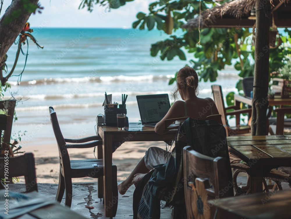 Digital nomad working from a beach cafe, blending travel and work