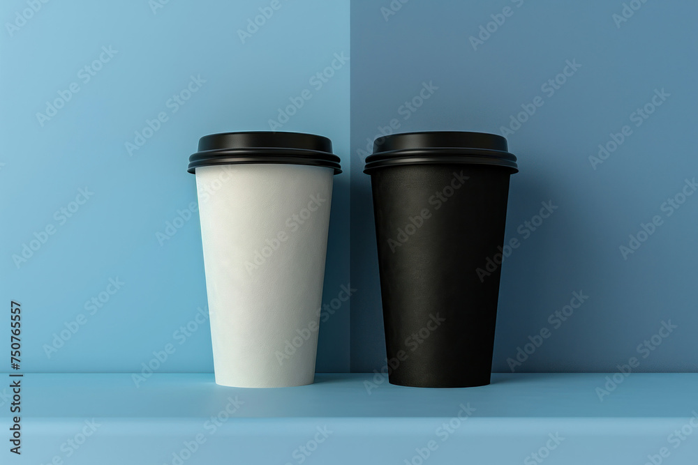 Two disposable coffee cups on blue background minimalist black and white 3D ing concept image Two disposable coffee cups on blue background minimalist black and white 3D ing concept image