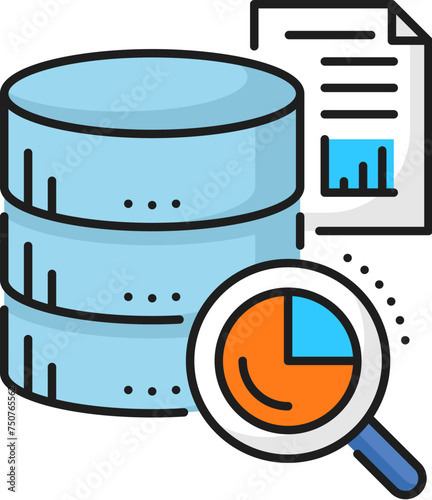 Database search color icon for cloud storage on network server, vector line symbol. Internet data and computer files storage on web cloud for secure search and network server access, outline pictogram