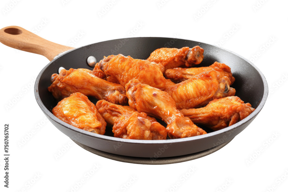 A Pan Filled With Chicken Wings and a Wooden Spoon. A metallic pan is filled with golden-brown chicken wings, sizzling and cooking. Isolated on a Transparent Background PNG.