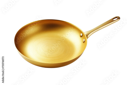 Shiny Gold Frying Pan. A gold frying pan gleams brightly against a plain white backdrop. The pans handle is visible, and its surface is reflective. Isolated on a Transparent Background PNG. photo