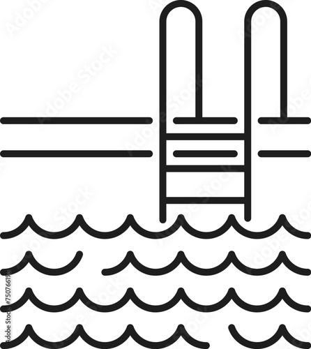 Real estate line art icon with pool. Real estate property, rent market outline symbol, dwelling sale company or house loan service thin line vector sign or pictogram with house pool ladder