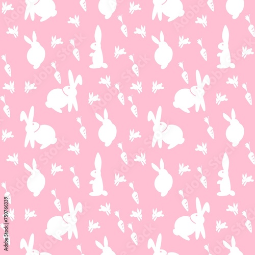 White Rabbits and carrots on pink backdrop, Illustration Seamless pattern background, Easter festival concept, Illustration JPG