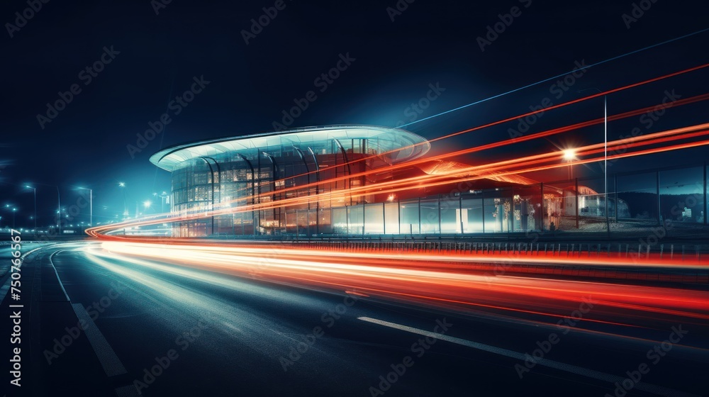 Landscape background big city at night,architecture and car speed on the road, 