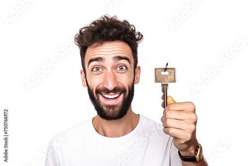 Man Holding Key. A bearded man holding a key in his hand, appearing to be in a position of authority or ownership. The man is standing confidently, showcasing the key as a symbol of access or control.