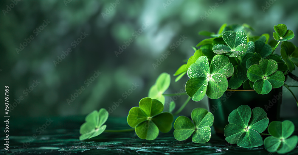 March 17, Shamrocks To Celebrate St. Patrick's Day with Green Glory.  Poster Or Wallpaper For Your Design. - obrazy, fototapety, plakaty 