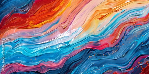 An abstract painting featuring vibrant blue, red, and yellow colors blending and swirling across the canvas in dynamic patterns and shapes.