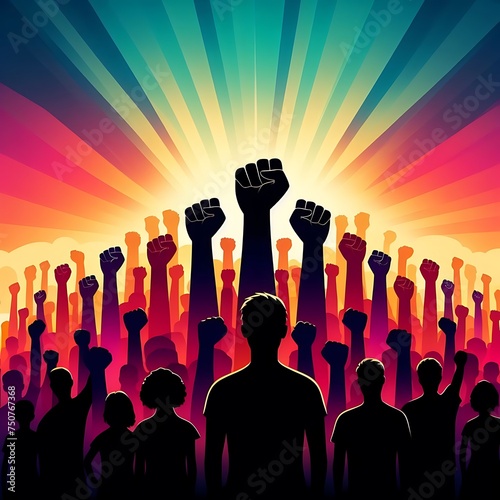 Power in Unity_ A group of multi-colored, closely-spaced silhouettes, ranging from short to tall, with raised fists facing a gradient sunset background, symbolizing collective strength photo