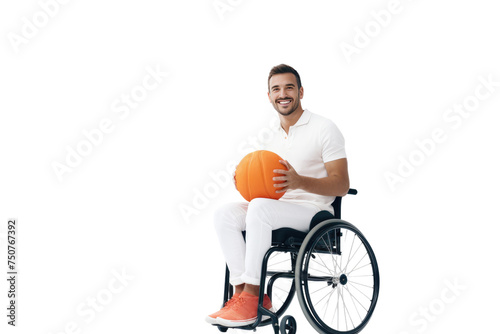 Man in Wheelchair Holding Basketball. A man in a wheelchair is holding a basketball. He appears focused and determined, showcasing his passion for the sport despite physical limitations.
