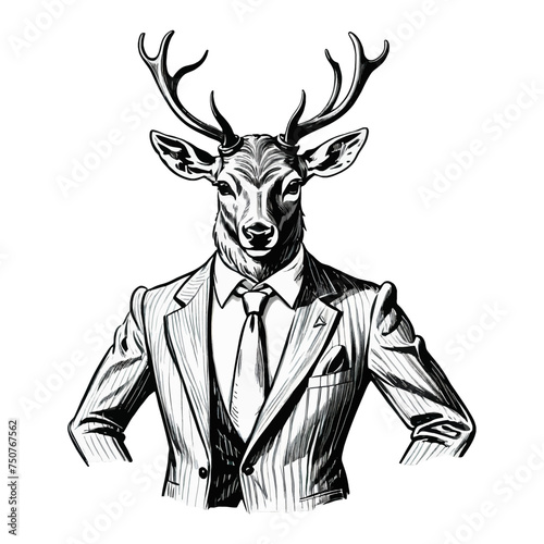 Deer Stag Wearing Business Suite Old Retro Vintage Engraved Ink Colored Sketch Hand Drawn Line Art