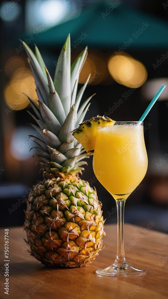 A beautiful and classic Piña Colada Cocktail at a beach bar. A beautiful and classic Piña Colada Cocktail at a beach bar.