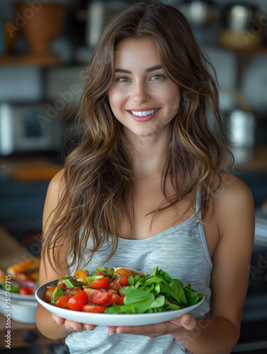 Young female holding a plate of fresh vegetable salad, vegetarianism, healthy food.