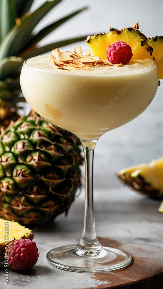 A beautiful and classic Piña Colada Cocktail at a beach bar. Stock ...