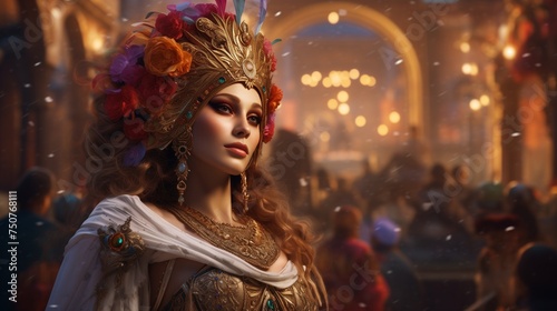 Craft a captivating digital AI illustration portraying a lively scene at the Venice Carnival. Showcase elegant people adorned in masquerade carnival masks, with a focus on the beauty of women