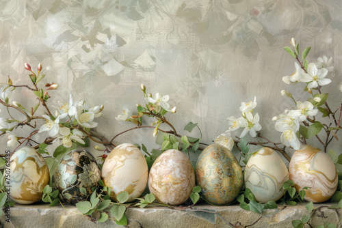 A charming background a hand-painted egg collection displayed against a backdrop of soft pastel hues, complemented by delicate wildflowers.