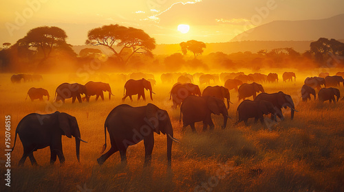Expansive Elephant Herd on the African Plains at Sunset © Pornphan
