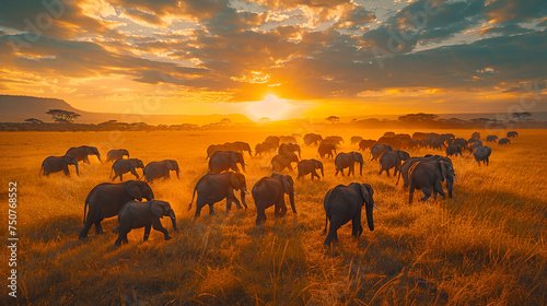 Elephant Herd Walking in Savannah at Sunset © Pornphan
