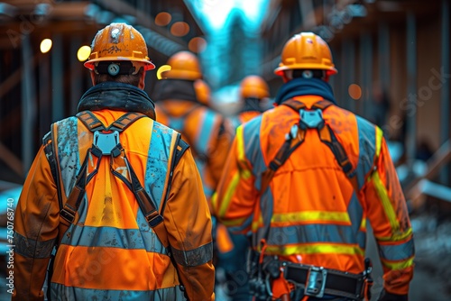 Back view of a group of construction workers wearing orange safety clothing, hard hats and harnesses walking through the middle of a construction site at the end of the day.