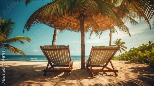 chairs beds under umbrella, beautiful beach landscape,