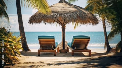 chairs beds under umbrella, beautiful beach landscape, © CStock