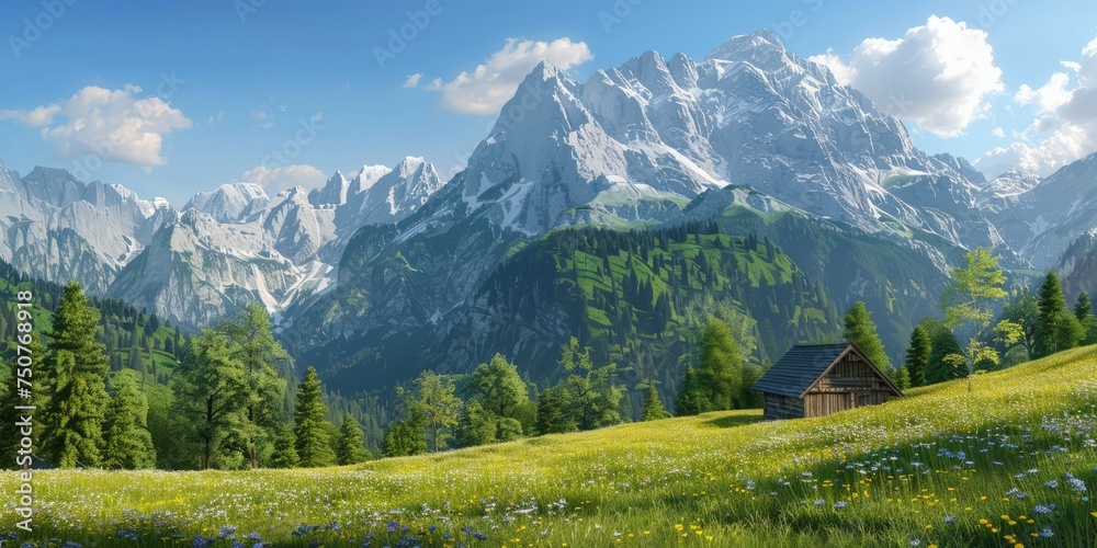 A painting depicting a mountainous terrain with a rustic cabin situated in the foreground, surrounded by lush greenery under a clear sky.