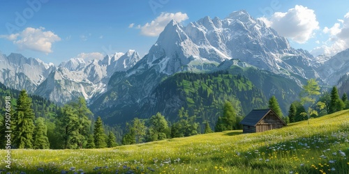 A painting depicting a mountainous terrain with a rustic cabin situated in the foreground, surrounded by lush greenery under a clear sky. © pham