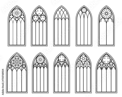 Catholic gothic church windows and medieval arch, isolated vector outline black silhouettes set. Vintage stained glass frames cathedral interior monochrome elements. Traditional european architecture
