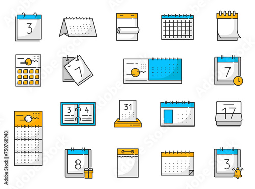 Calendar outline icons. Business planner memo, education schedule or time organizer app thin line vector pictograms. Deadline countdown, event or meeting day reminder, tear off or binder calendar icon