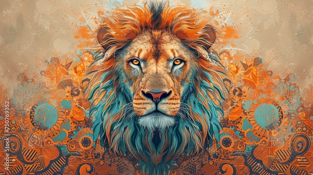 A striking digital illustration of a lion's head set against a background of intricate ornamental patterns.
