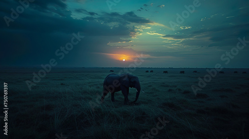 Lone Elephant at Sunset on the African Savanna