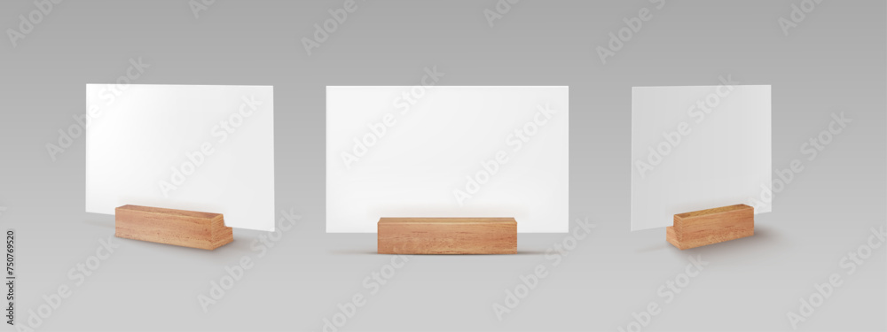 © Vector Tradition - Card wooden holder mockups or restaurant table plates, realistic vector. Paper card holder for menu, guest name or table place on wood bar, business card frame with wooden holder stand with blank sign © Vector Tradition - Card wooden holder mockups or restaurant table plates, realistic vector. Paper card holder for menu, guest name or table place on wood bar, business card frame with wooden holder stand with blank sign