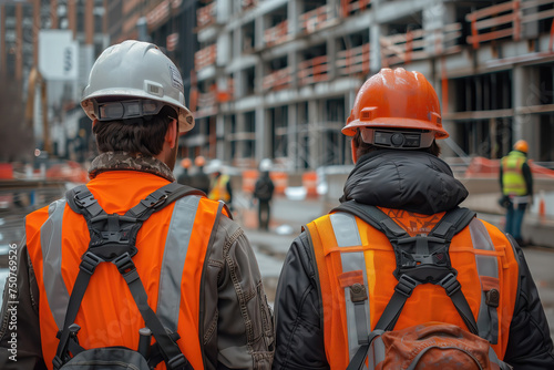 Two construction workers wearing safety clothing, hard hats and harnesses on their backs walking on a construction site