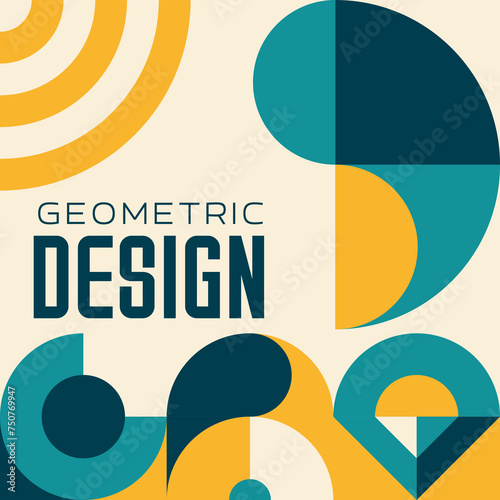 Modern abstract poster, bauhaus geometric pattern. Vector contemporary layout, featuring a dynamic forms, merging vibrant blue, yellow and creamy colors and clean lines for a visually striking design